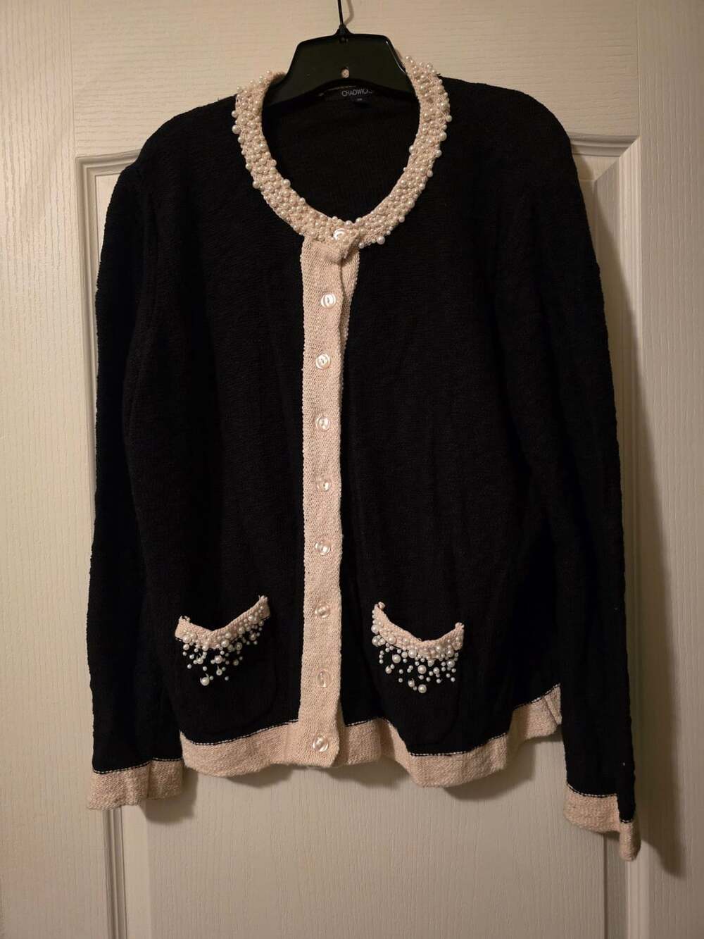 Chadwicks Black Pearl Trimmed Cardigan Sweater 2X